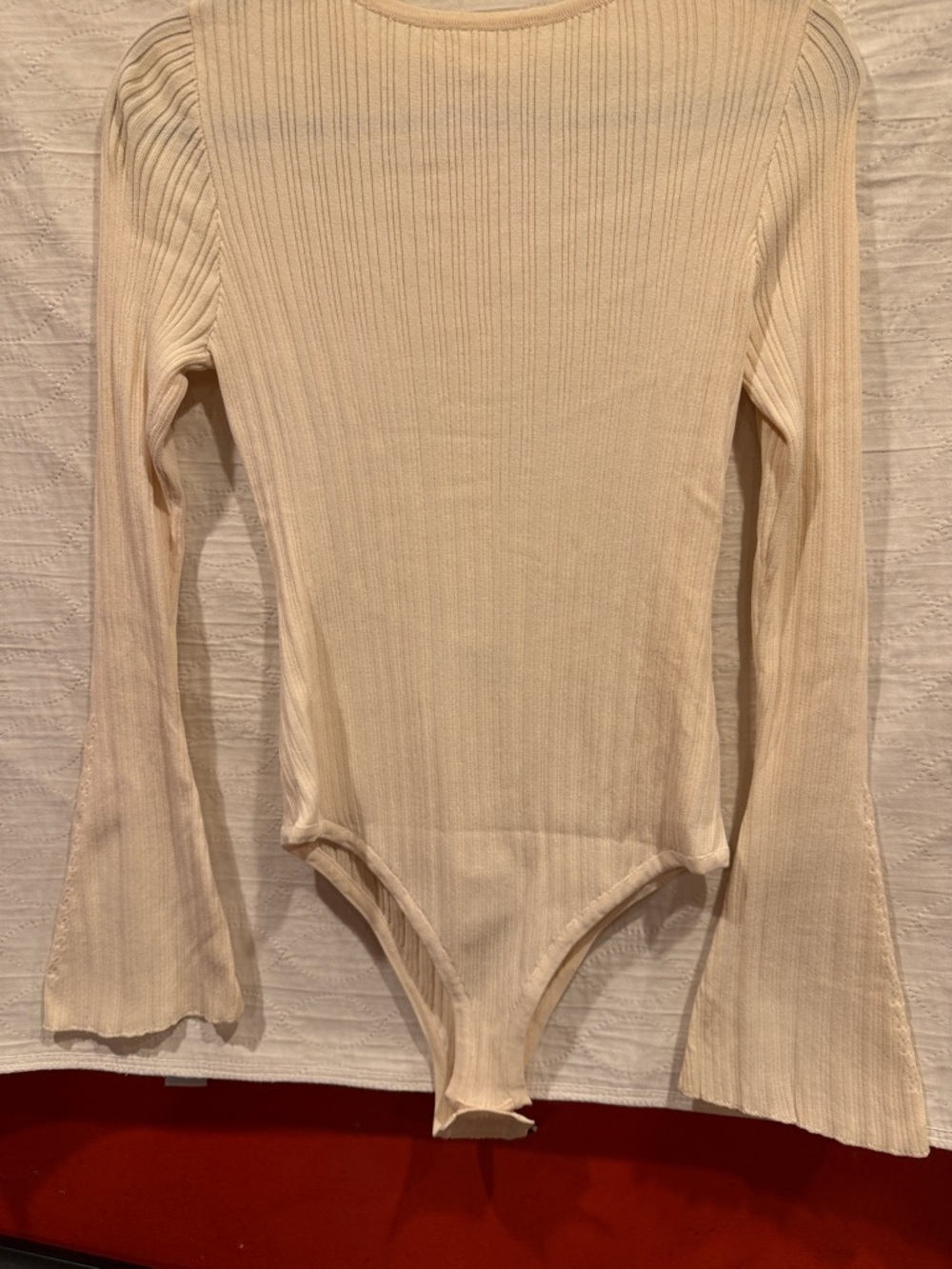 Princess Polly Cream Ribbed Long-Sleeve Bodysuit with Flared Cuffs